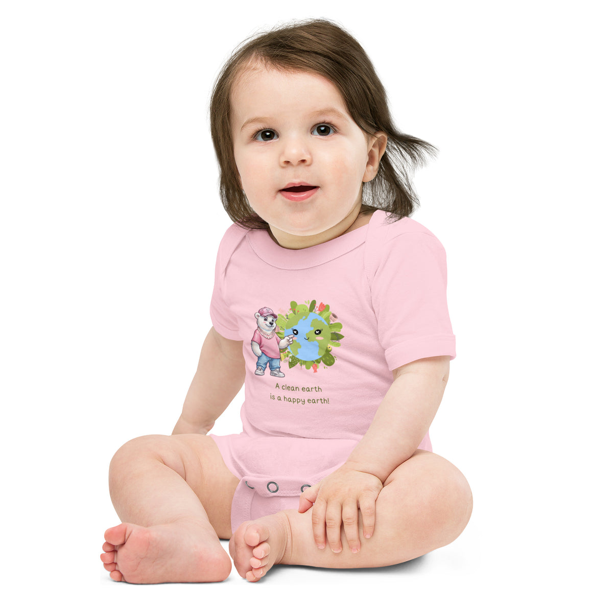 A Clean Earth Is a Happy Earth — Baby Bodysuit — Short sleeve one piece pink, front view