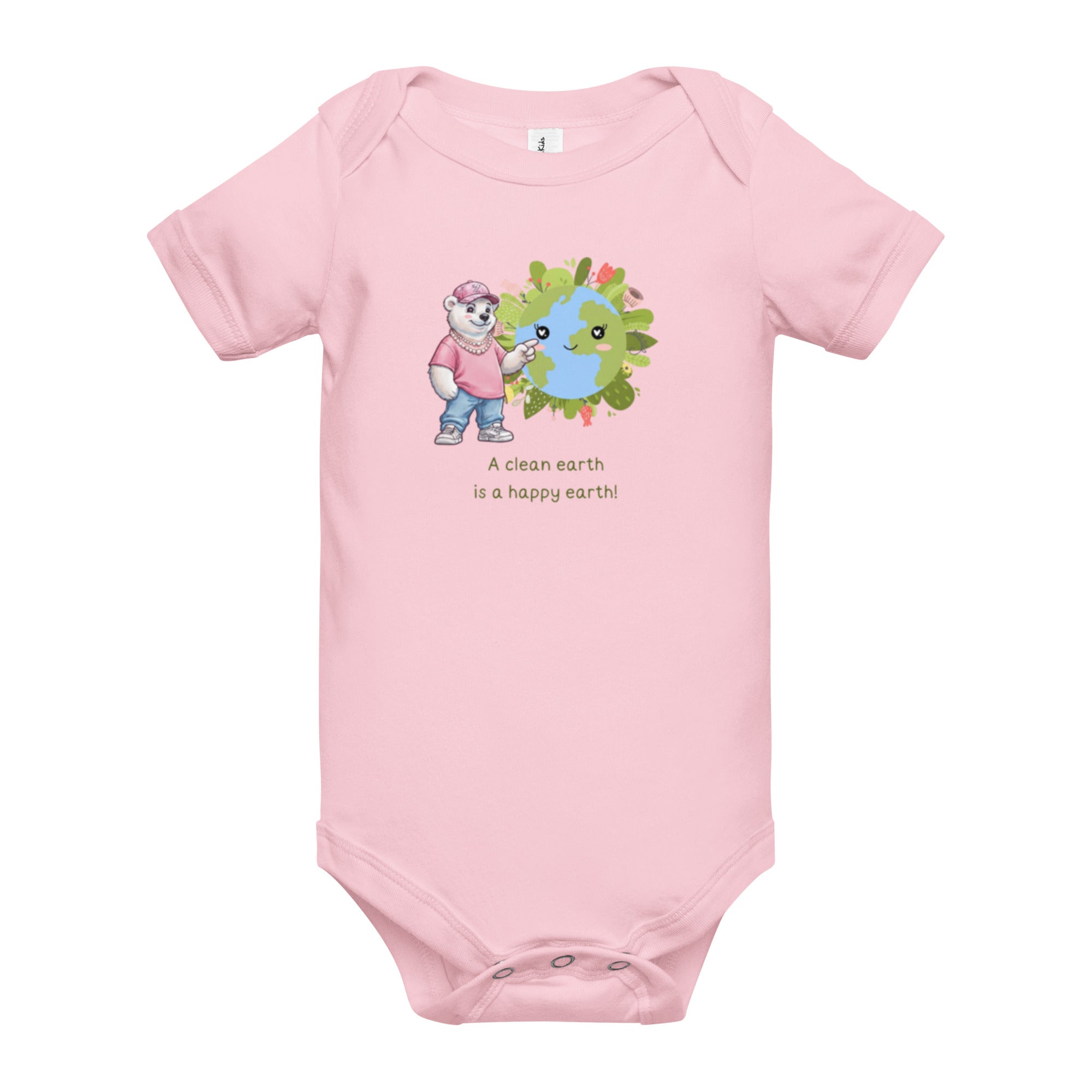A Clean Earth Is a Happy Earth — Baby Bodysuit — Short sleeve one piece pink, front view