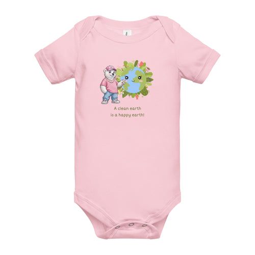 A Clean Earth Is a Happy Earth — Baby Bodysuit — Short sleeve one piece pink, front view
