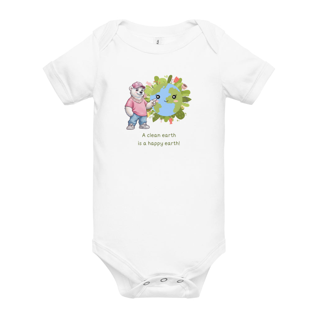A Clean Earth Is a Happy Earth — Baby Bodysuit — Short sleeve one piece white, front view