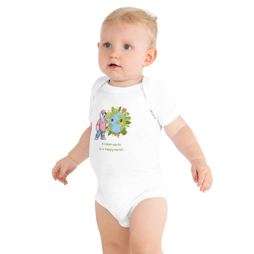 A Clean Earth Is a Happy Earth — Baby Bodysuit — Short sleeve one piece white, front view