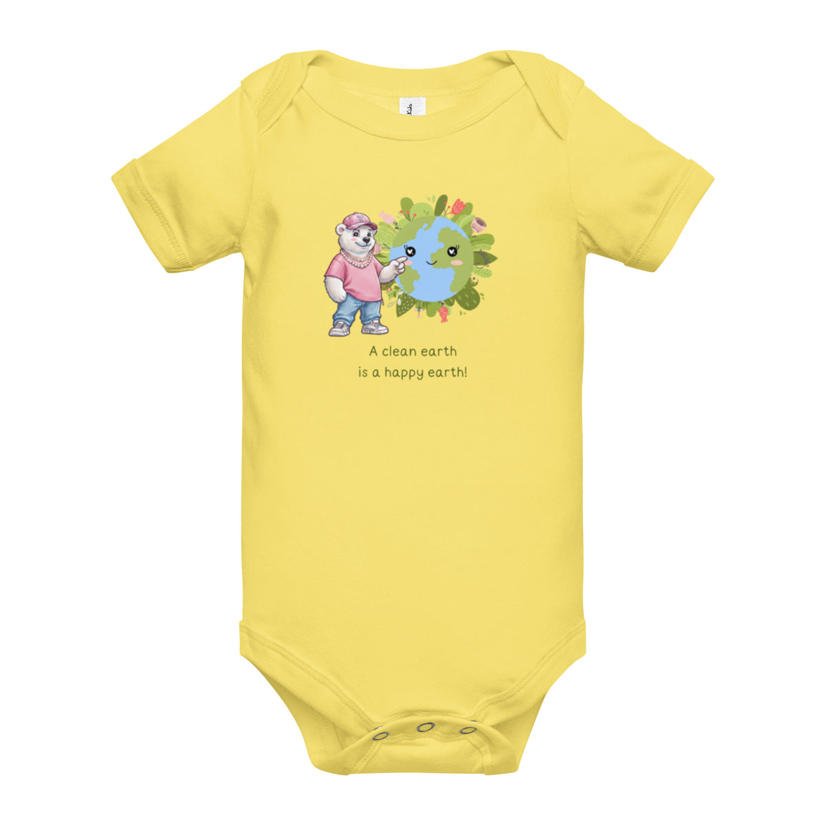 A Clean Earth Is a Happy Earth — Baby Bodysuit — Short sleeve one piece yellow, front view
