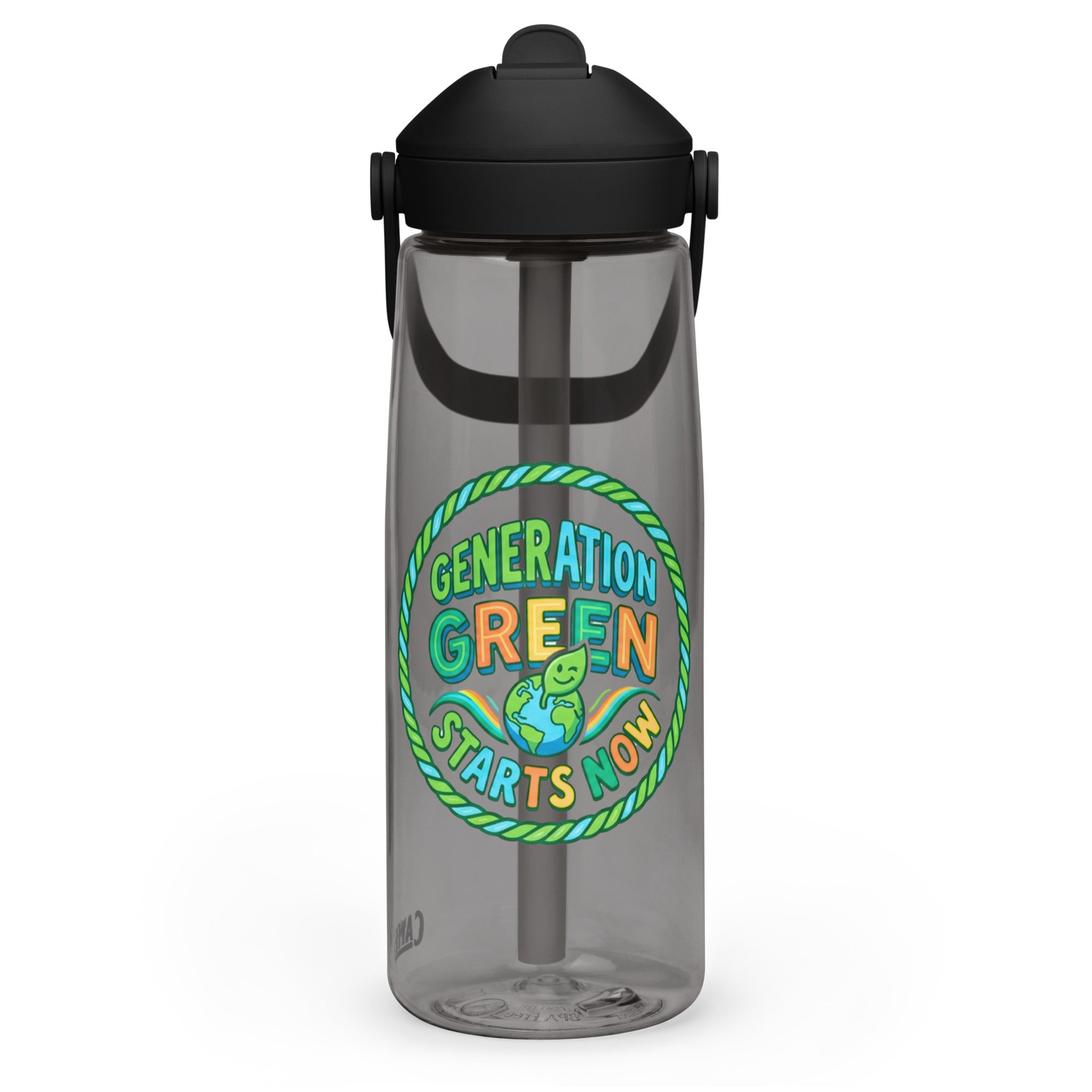 Flip straw water bottle — Charcoal, left view