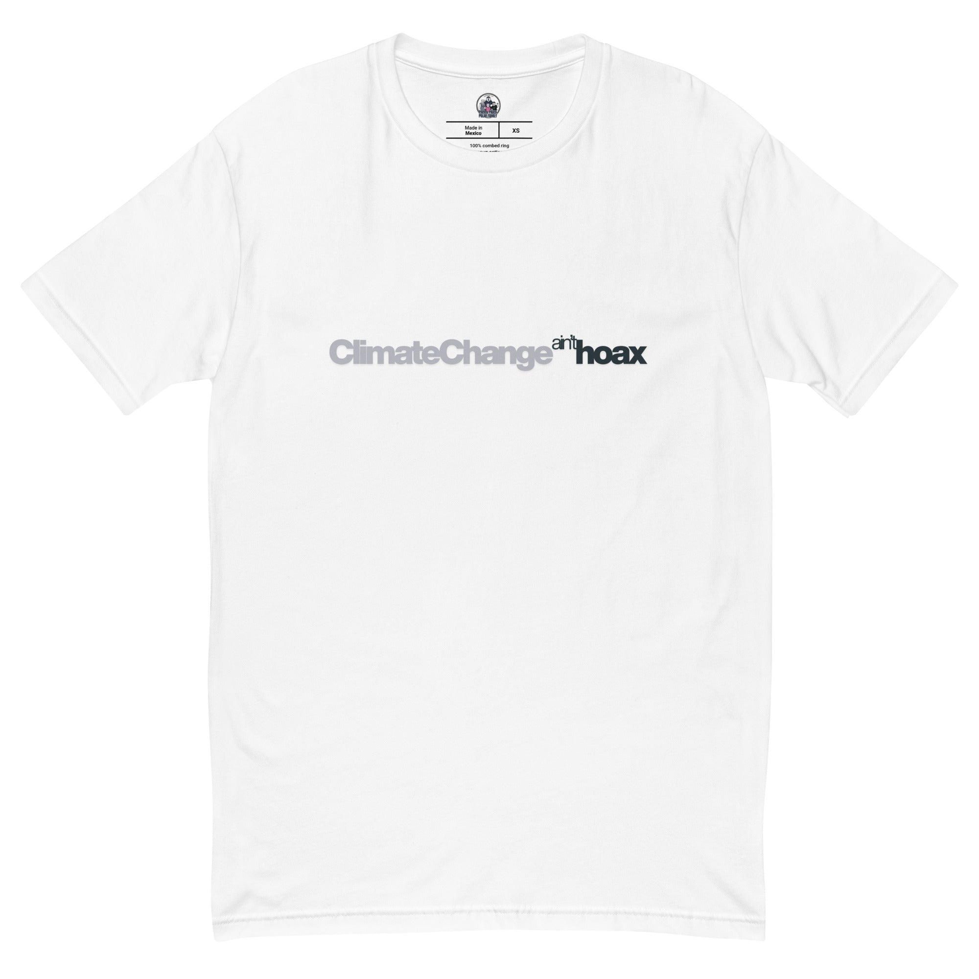 Climate Change Isn’t a Hoax — Mens fitted shirt white, front view