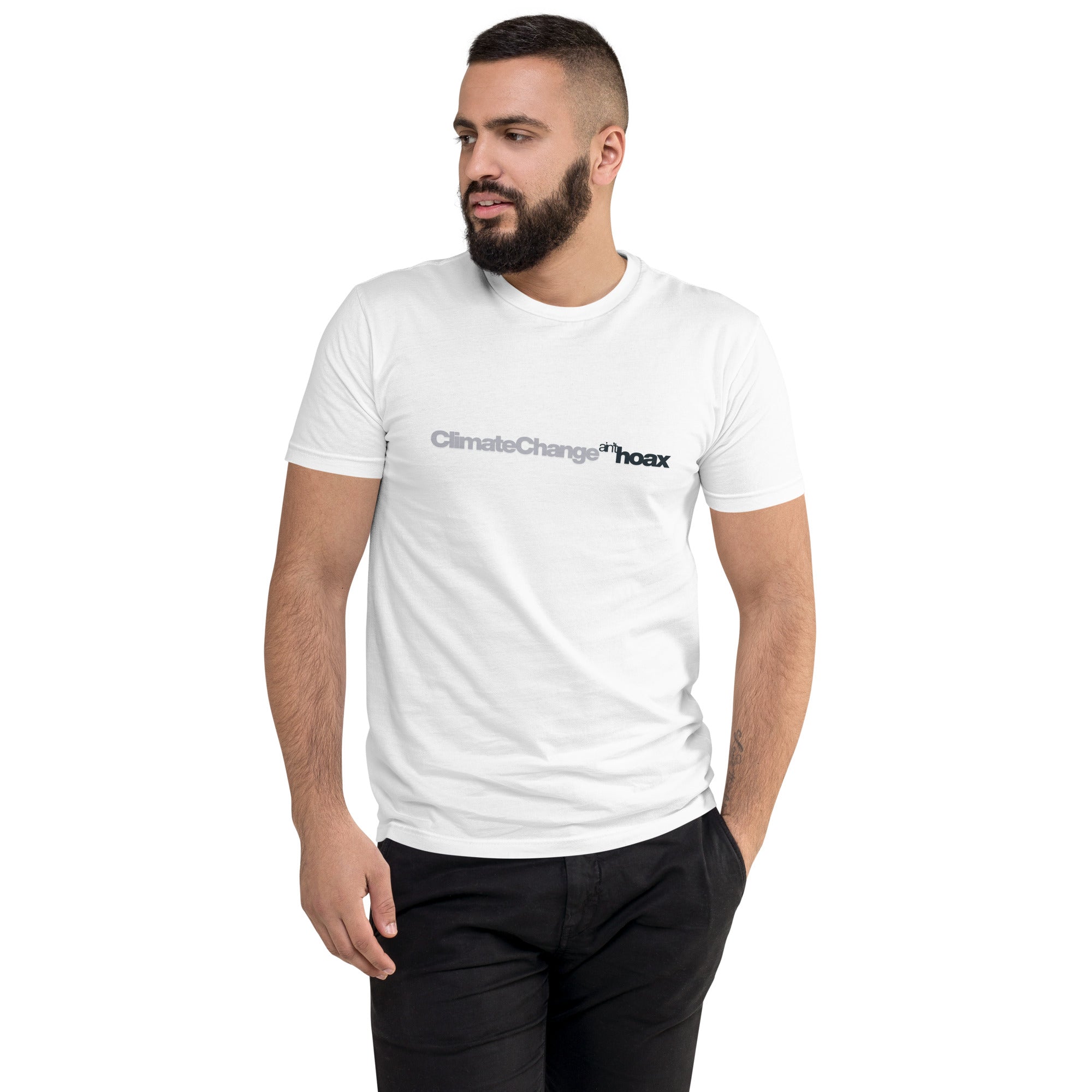 Climate Change Isn’t a Hoax — Mens fitted shirt white, front view