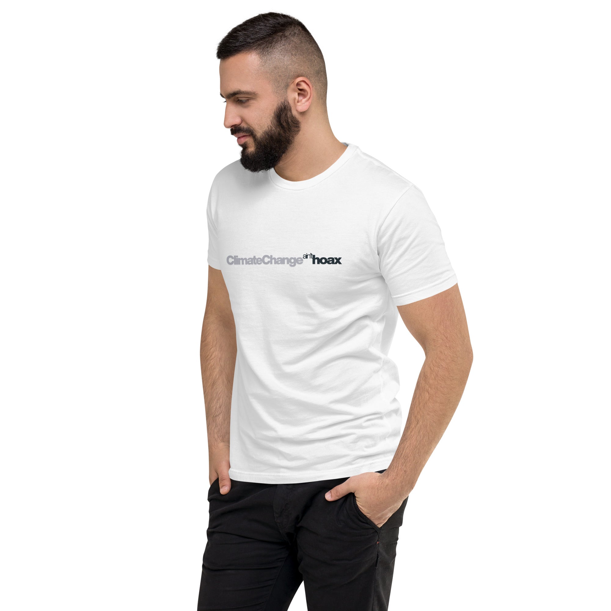 Climate Change Isn’t a Hoax — Mens fitted shirt white, left front view