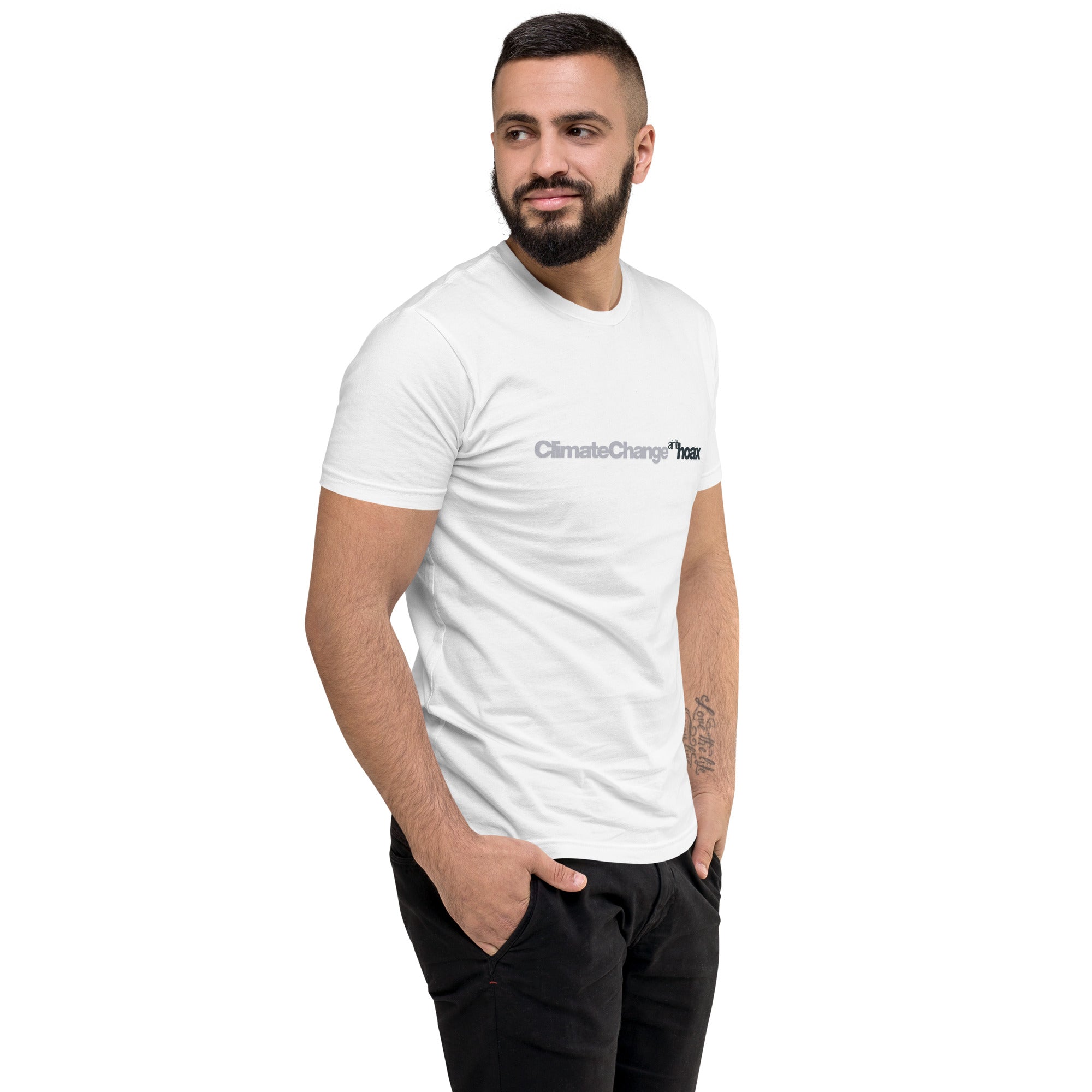 Climate Change Isn’t a Hoax — Mens fitted shirt white, right front view