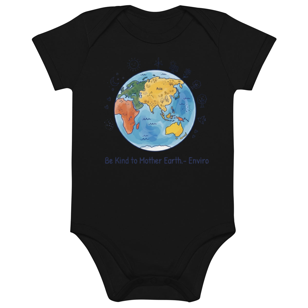 Be Kind to Mother Earth — Organic Baby Bodysuit — Cotton black, front view