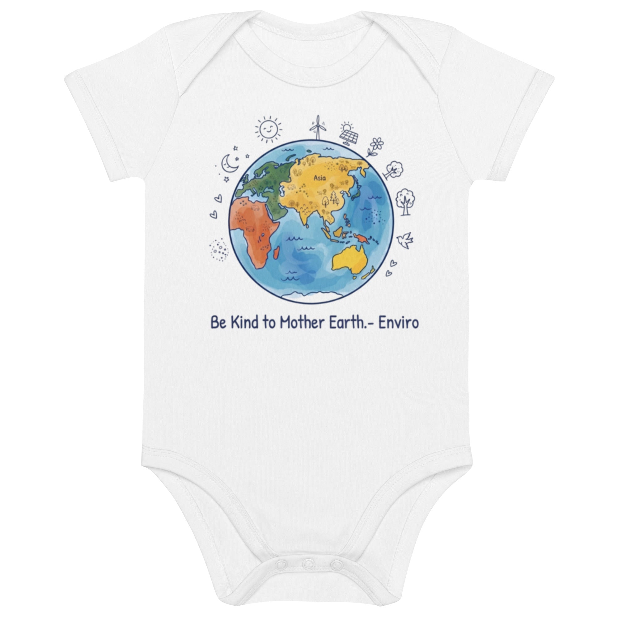 Be Kind to Mother Earth — Organic Baby Bodysuit — Cotton white, front view