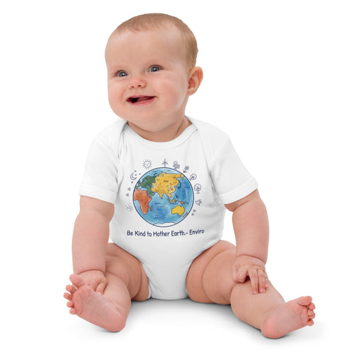 Be Kind to Mother Earth — Organic Baby Bodysuit — Cotton white, front view