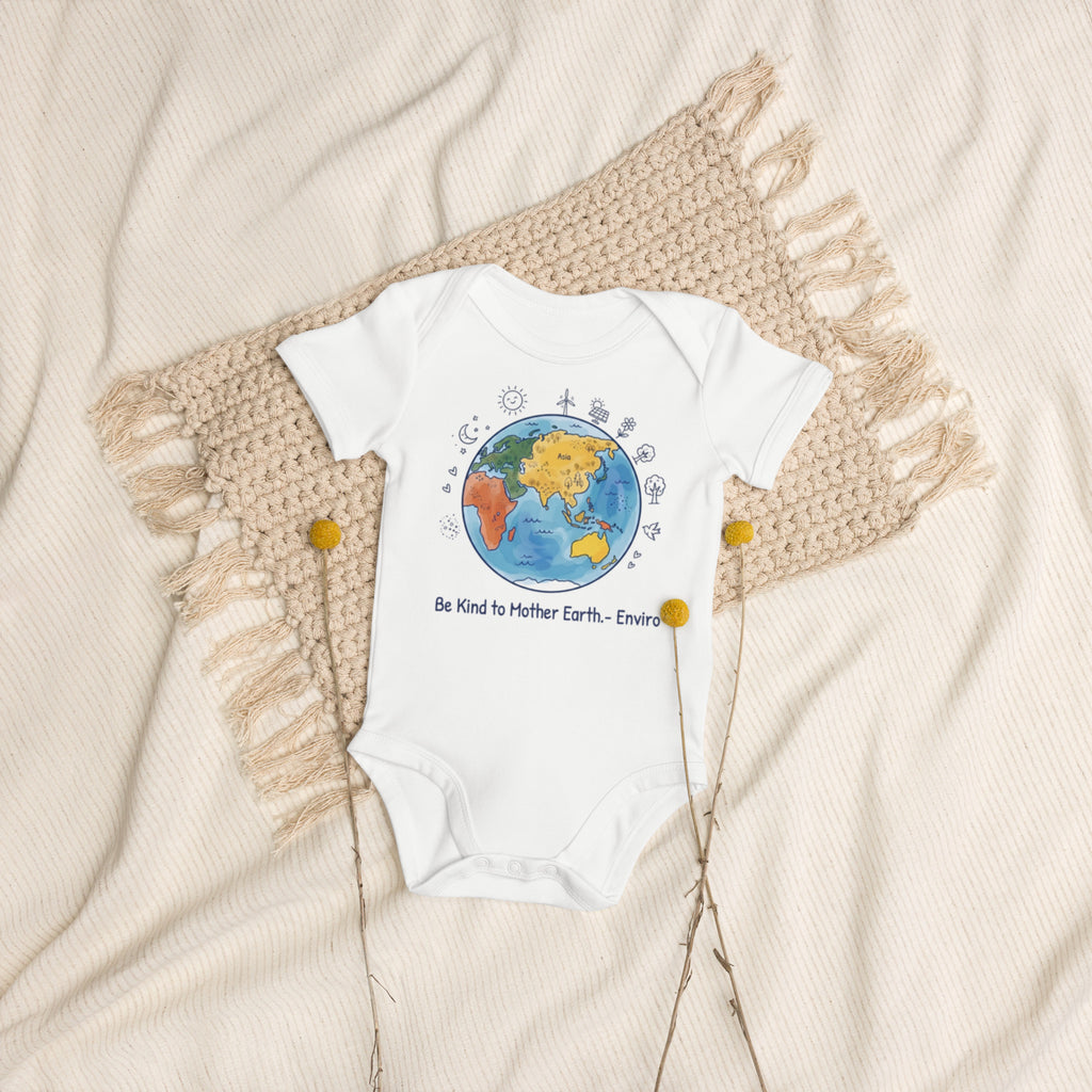 Be Kind to Mother Earth — Organic Baby Bodysuit — Cotton white, front view