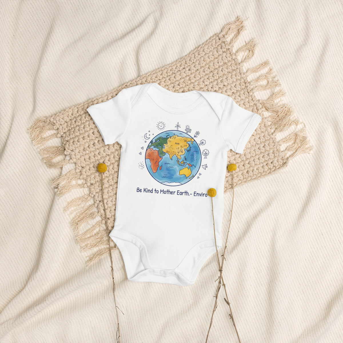 Be Kind to Mother Earth — Organic Baby Bodysuit — Cotton white, front view