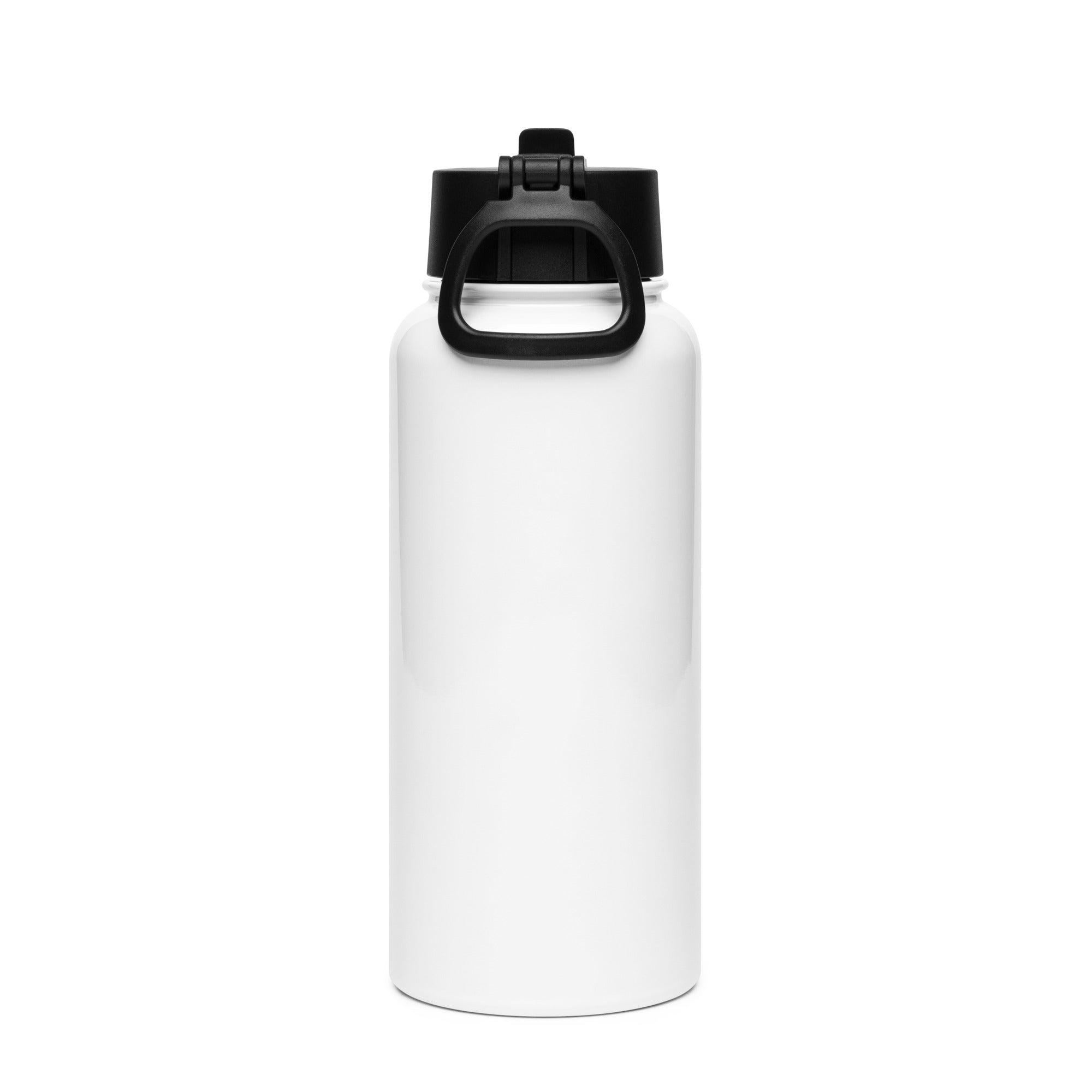 Stainless steel water bottle with a straw lid — White 32 oz, back view