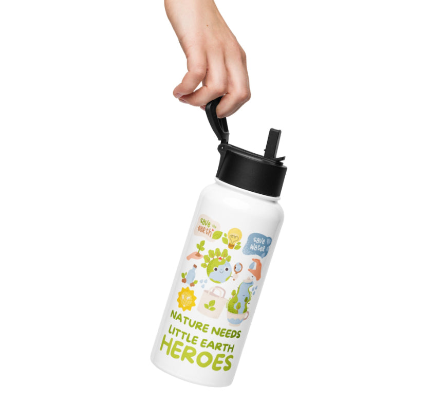 Stainless steel water bottle with a straw lid — White 32 oz, front view