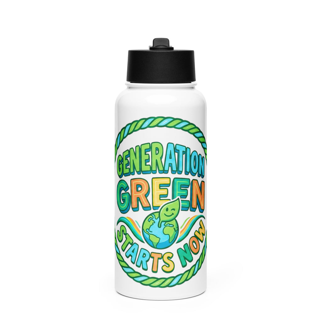 Generation Green Starts Now Stainless Steel Water Bottle with Straw Lid, front view