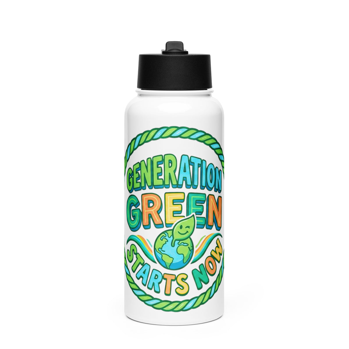 Generation Green Starts Now Stainless Steel Water Bottle with Straw Lid, front view