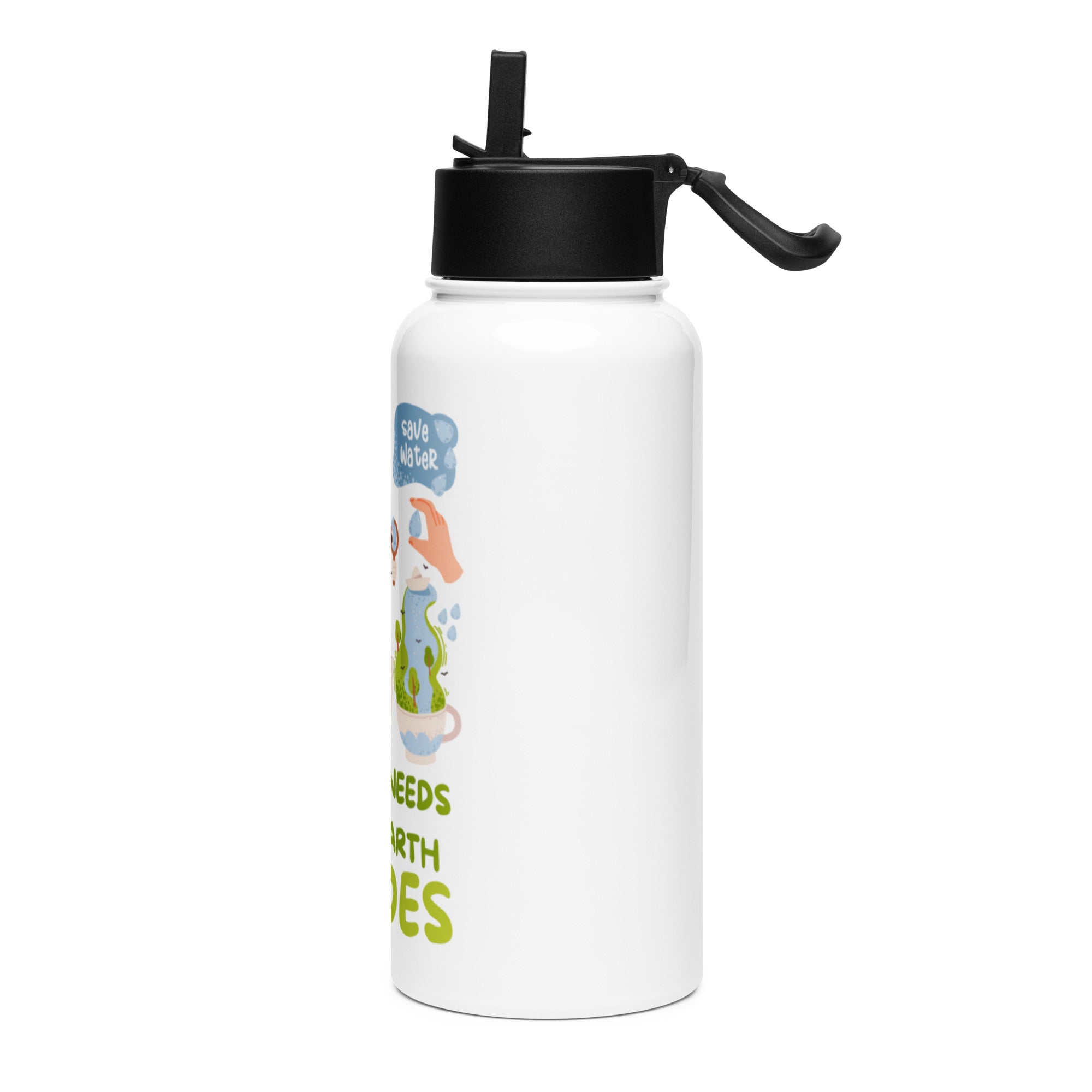 Stainless steel water bottle with a straw lid — White 32 oz, left view