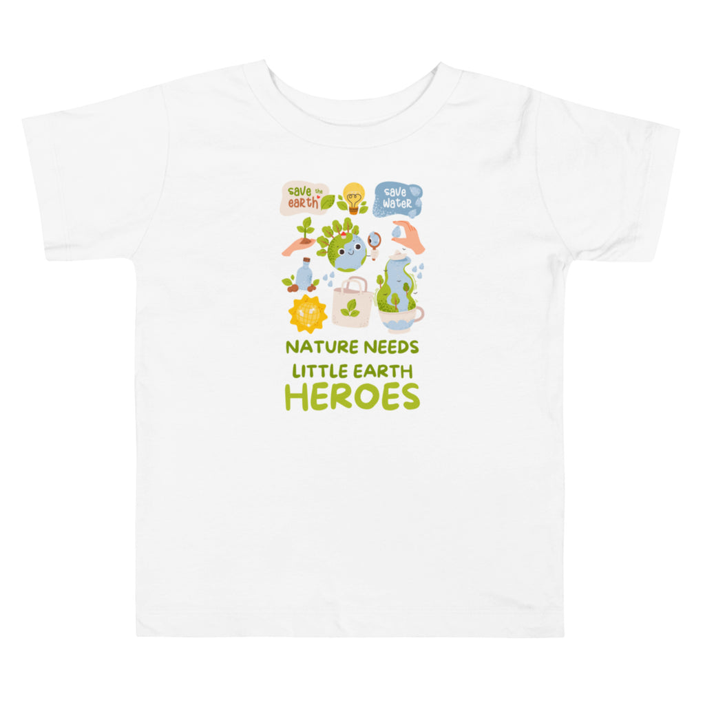 Nature Needs Little Earth Heroes — Toddler staple tee white, front view