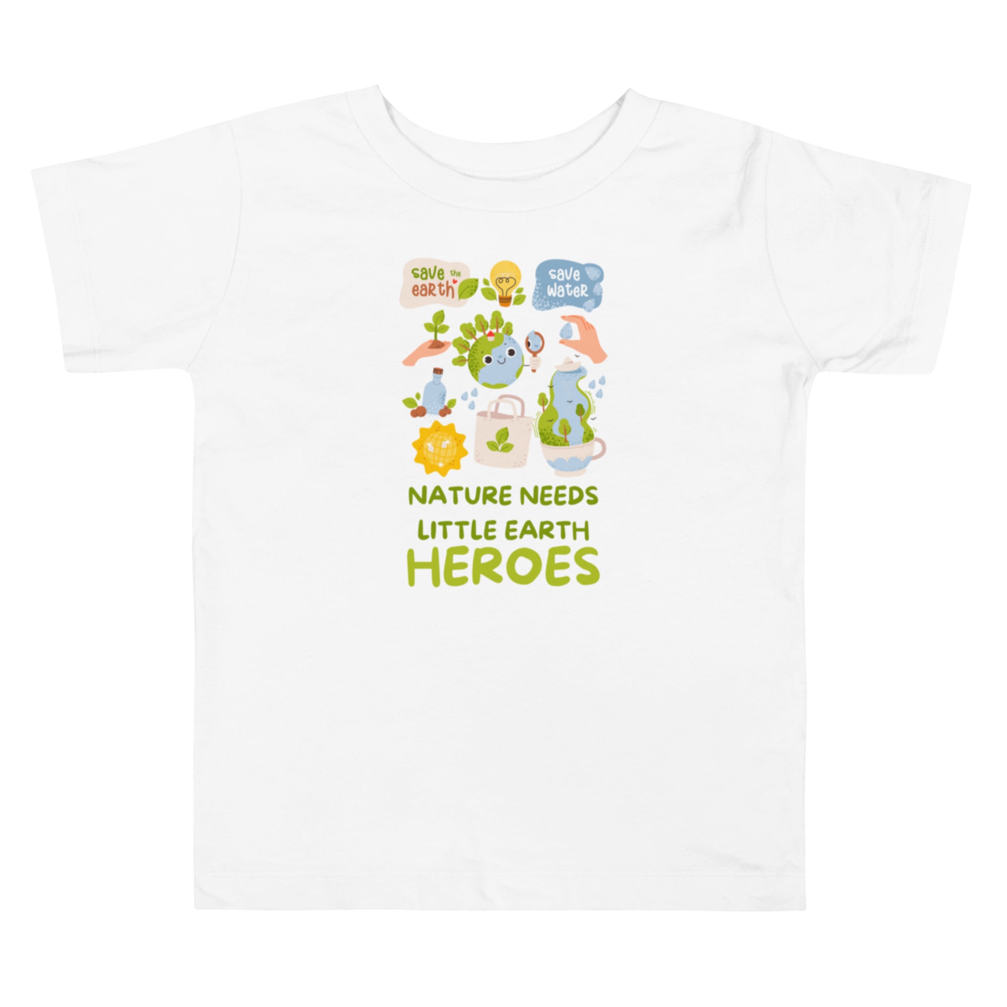 Nature Needs Little Earth Heroes — Toddler staple tee white, front view