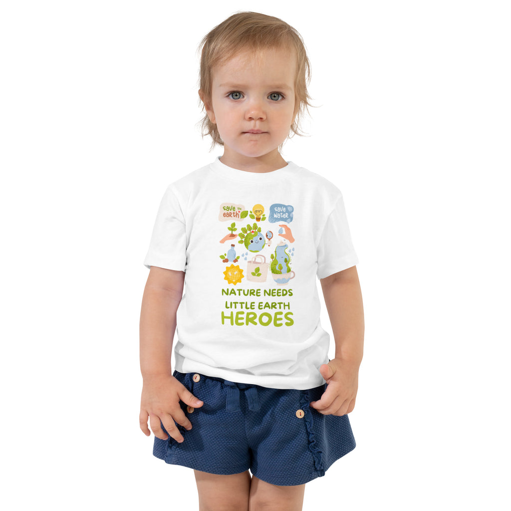 Nature Needs Little Earth Heroes — Toddler staple tee white, front view