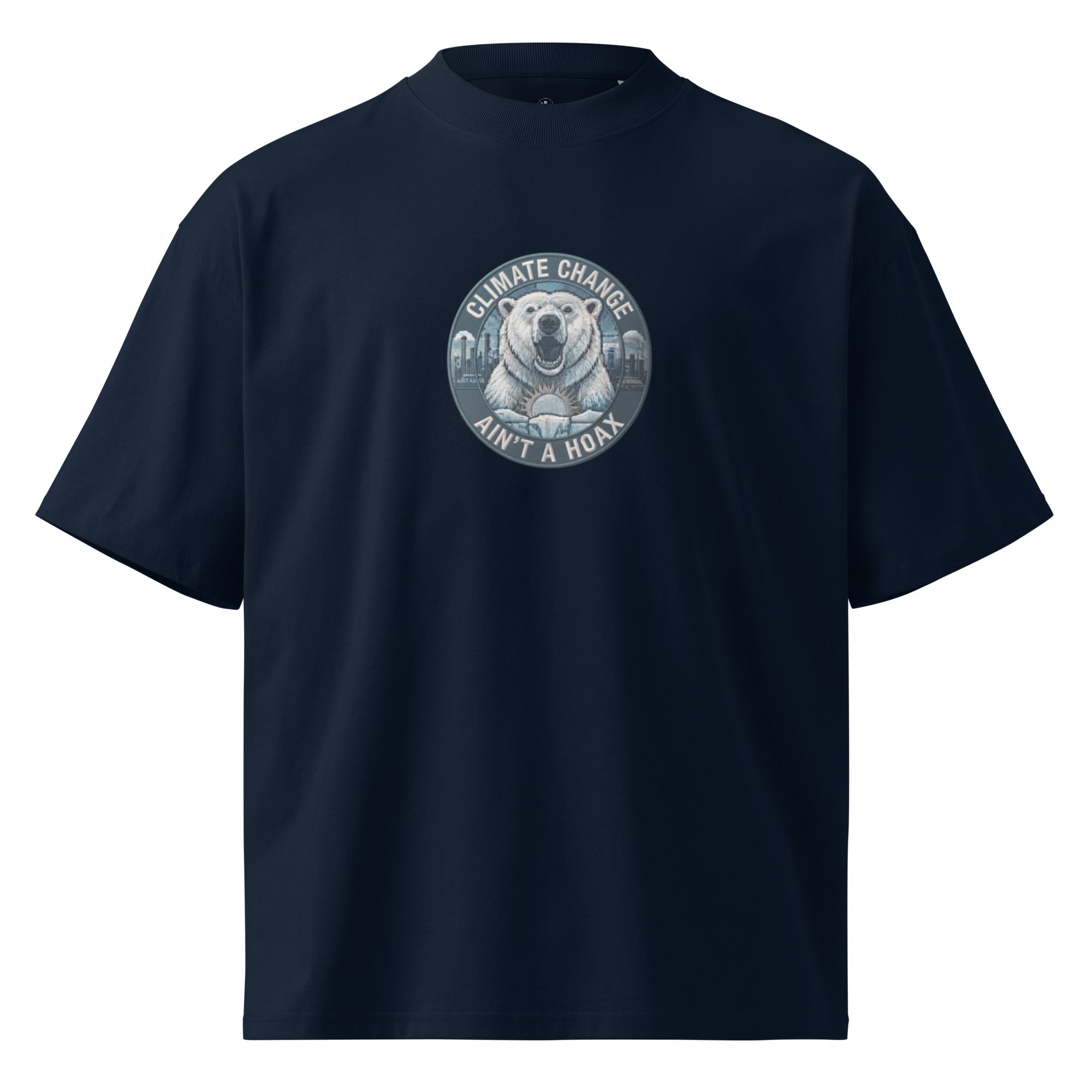 Unisex organic oversized high neck t-shirt — Blaster french navy, front view