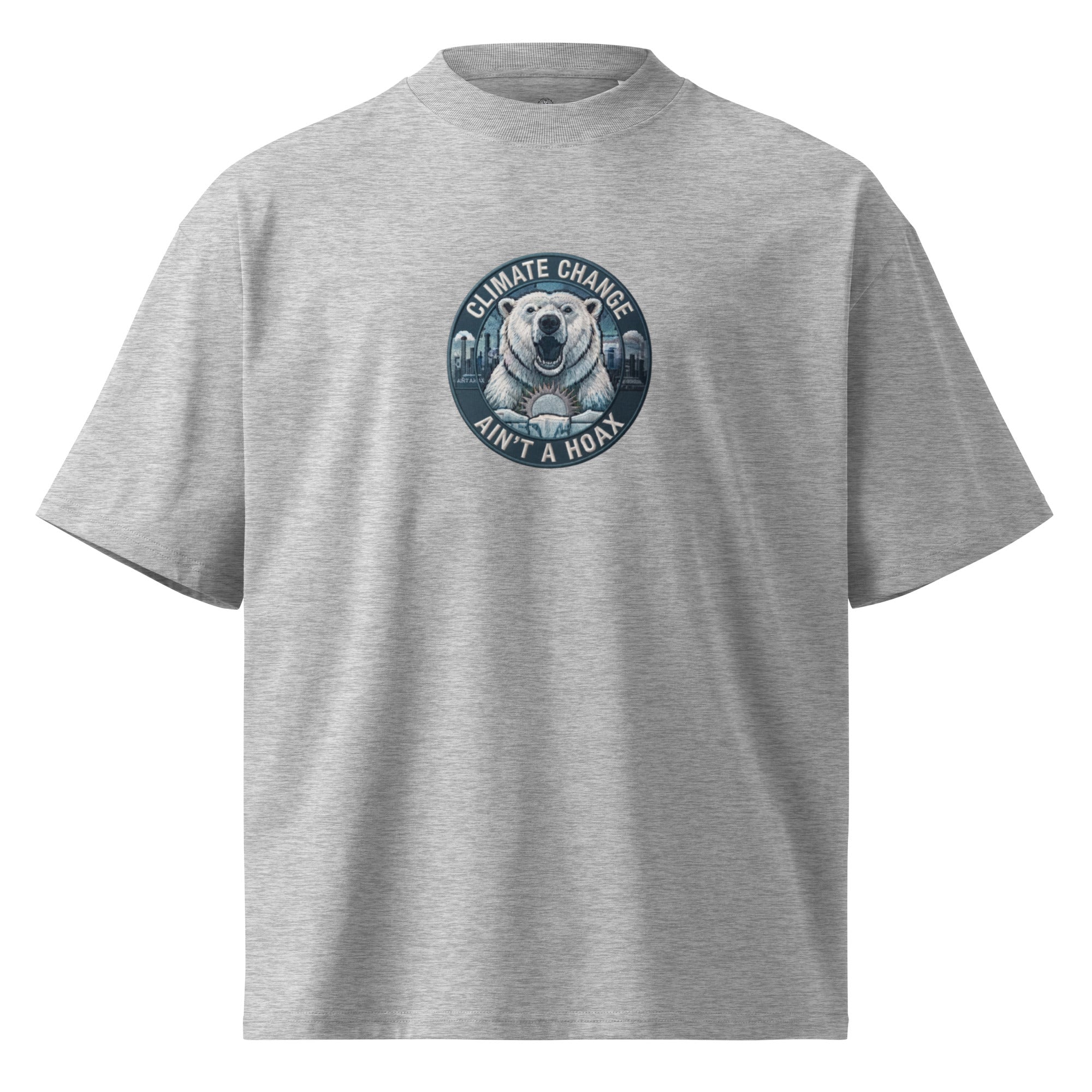 Unisex organic oversized high neck t-shirt — Blaster heather grey, front view