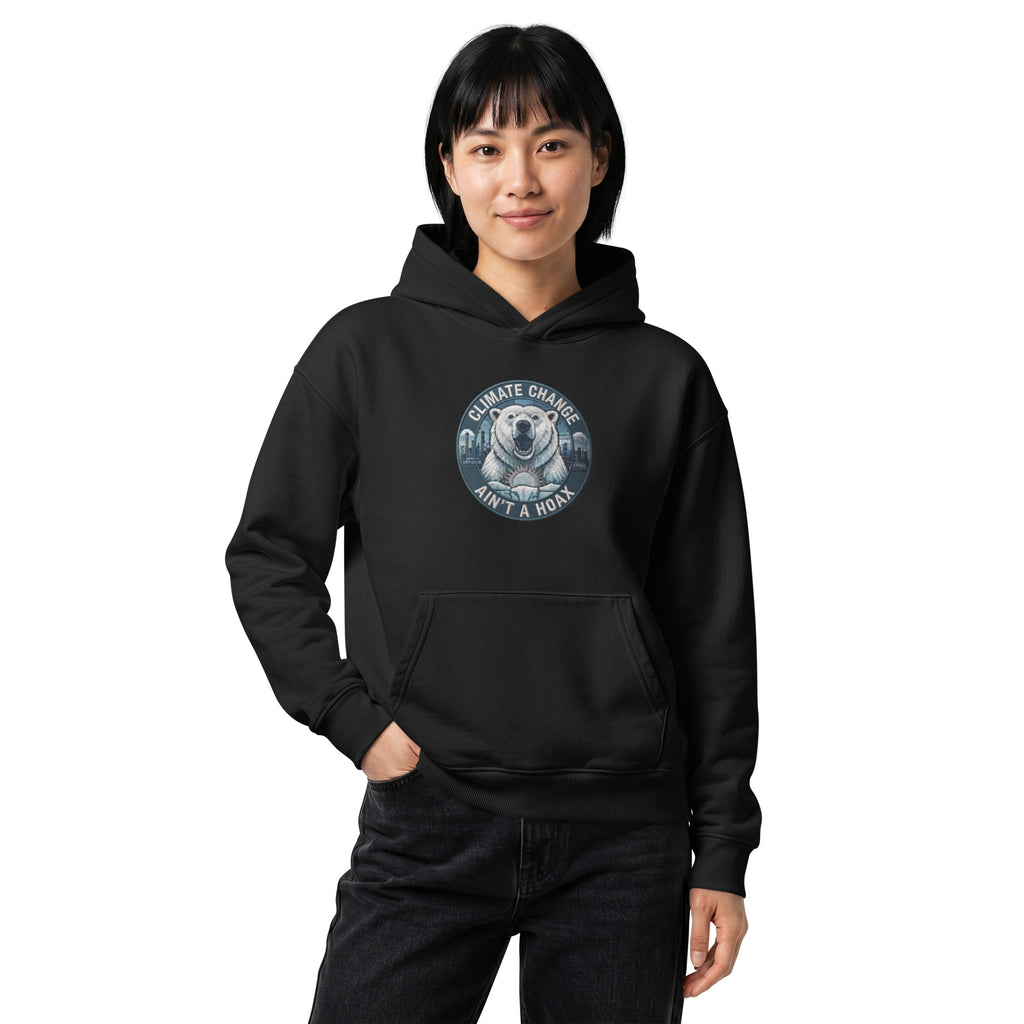 Climate Change Ain’t a Hoax — Unisex Relaxed Hoodie — Mid weight chaser hooded sweatshirt black, front view