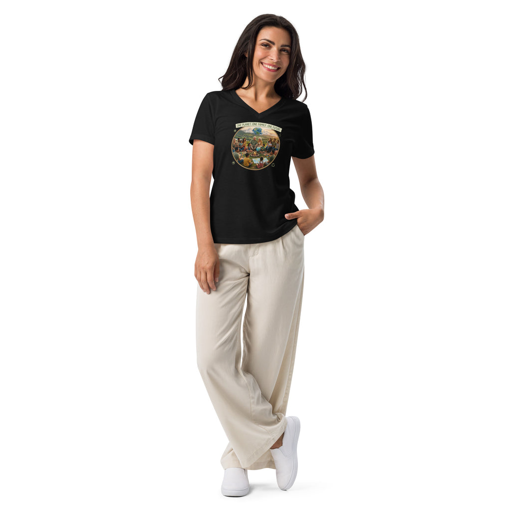 One Planet. One Family. One Future. — Women’s Relaxed V-Neck T-Shirt — Solid Black Blend, front view