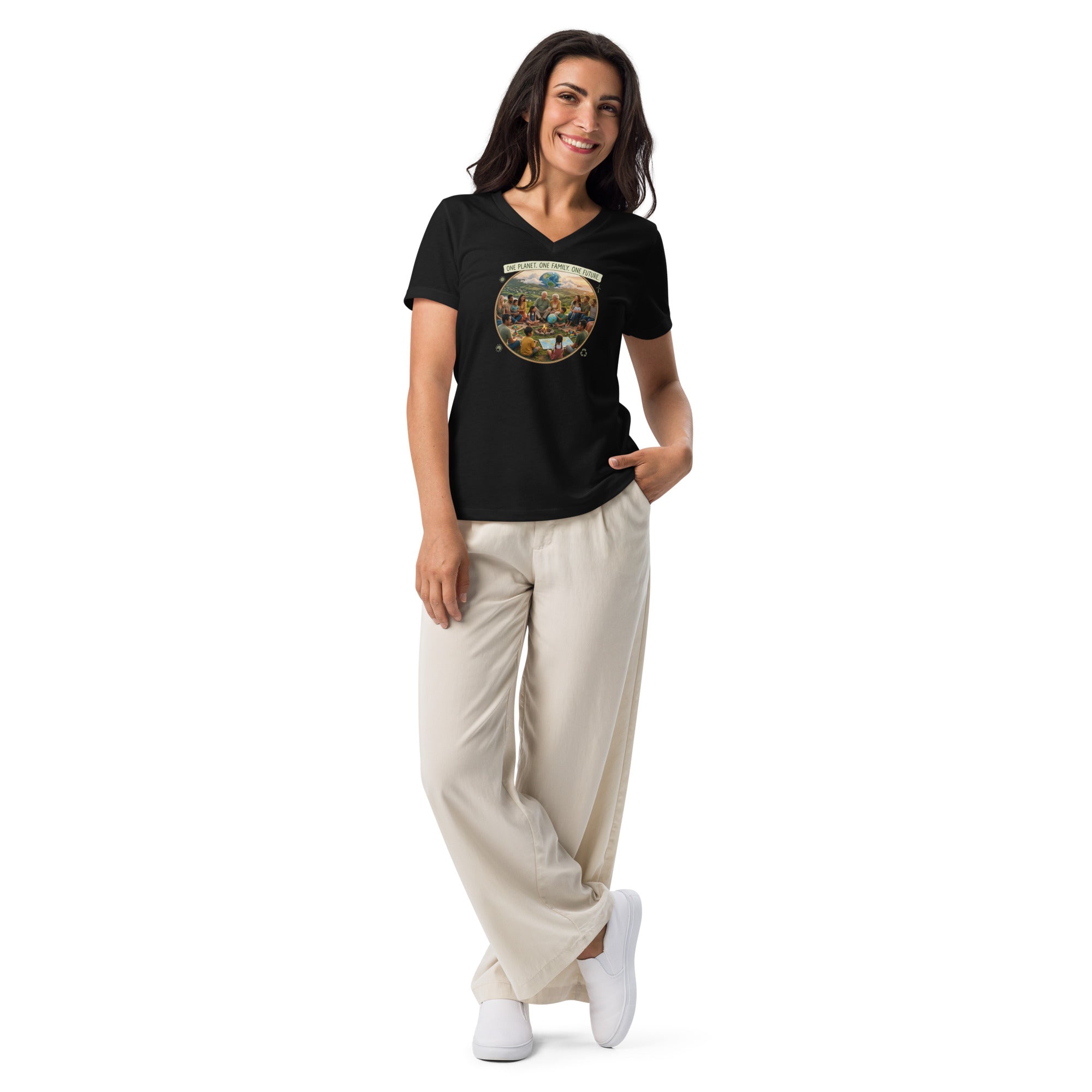 One Planet. One Family. One Future. — Women’s Relaxed V-Neck T-Shirt — Solid Black Blend, front view